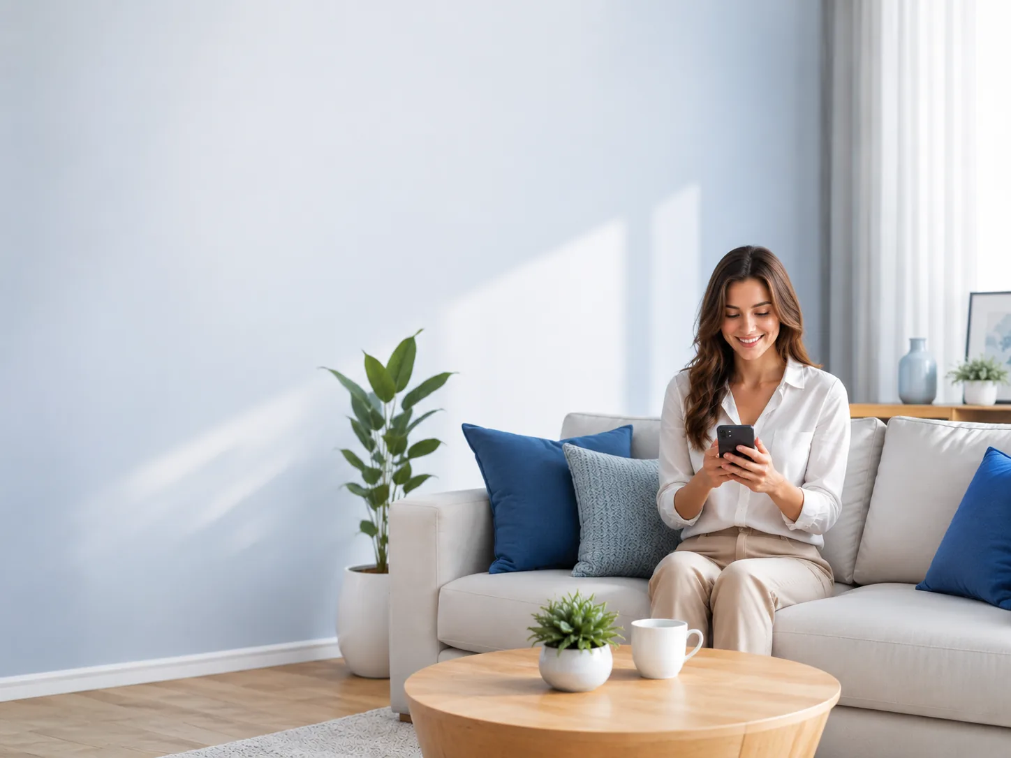 A woman using her phone to apply for a Rise Credit loan at home